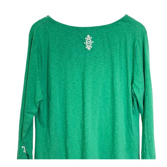 Soft Surroundings Size L Green 3/4 Sleeve Cotton Embroidered Boho Tunic Shirt - Picture 8 of 8
